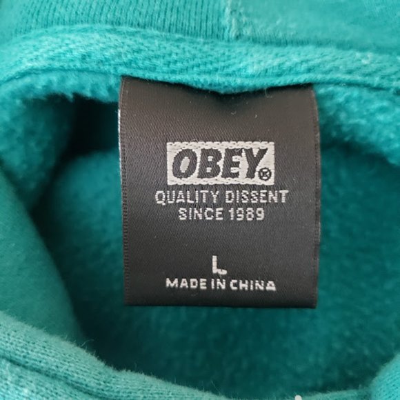 SOLD Obey Mens Sweatshirt Large Hoodie Grn Yellow Pullover Pocket Graphic Print - Picture 8 of 10